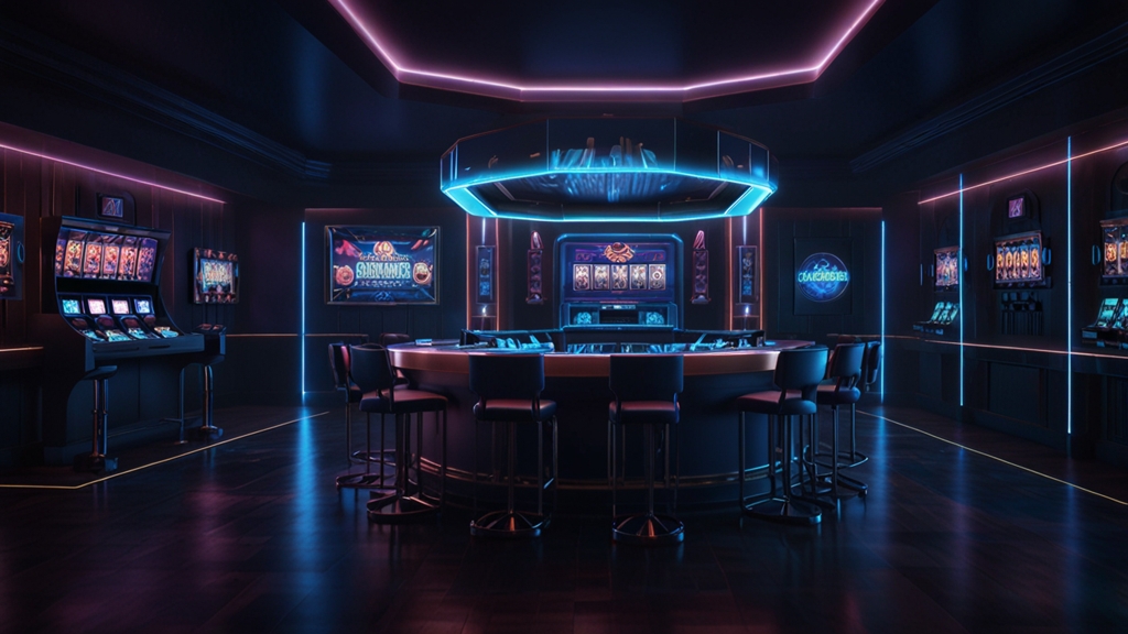 Holographic bonus terms table in a dark neon casino environment