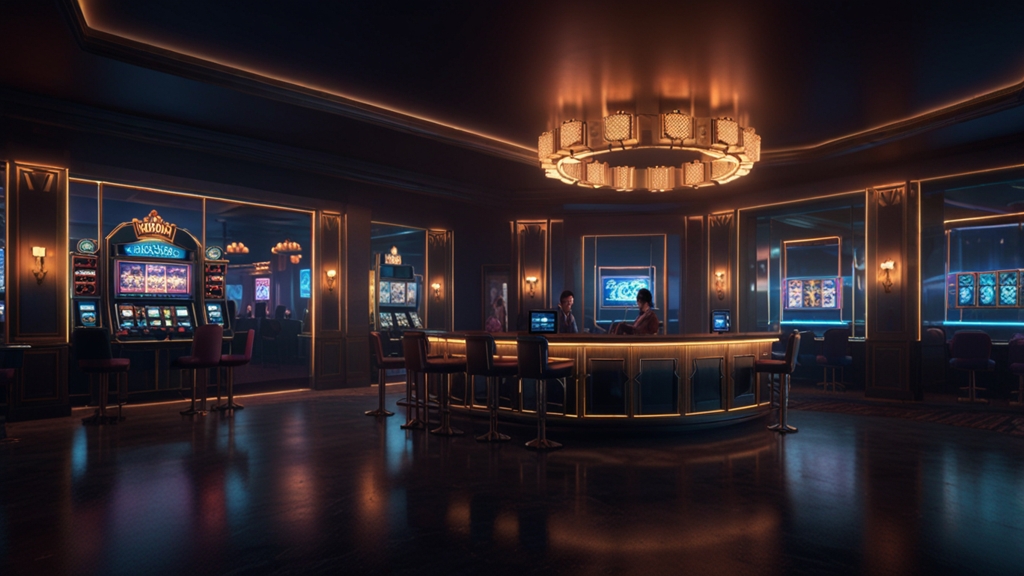 Registration desk with a glowing account form in a dark casino-style scene