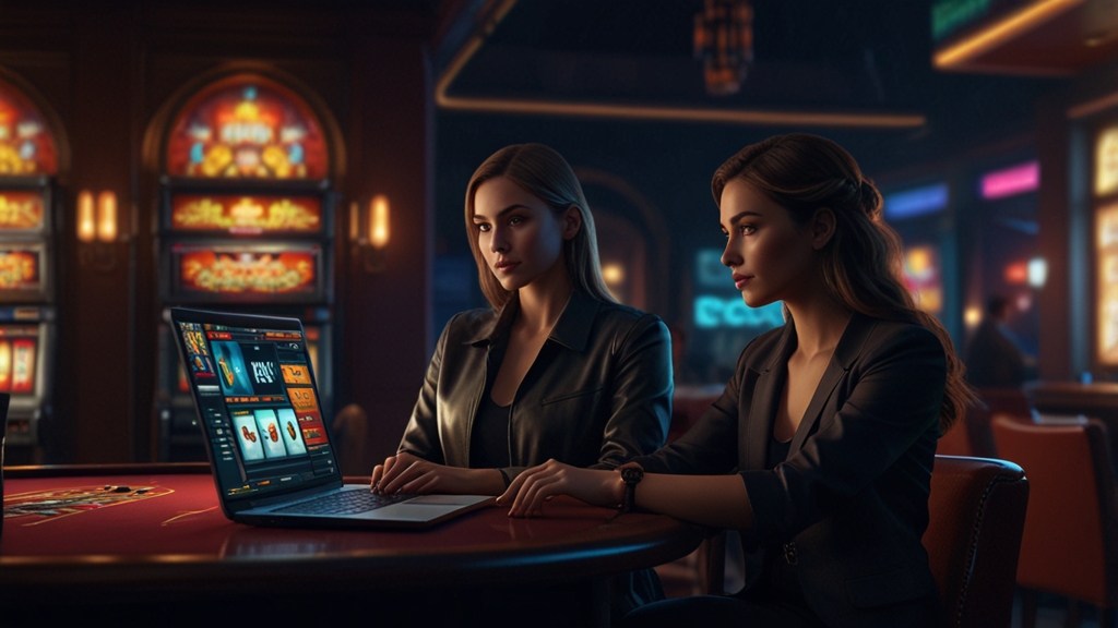 Player reviewing a casino bonus offer on a laptop in a dark neon-lit room