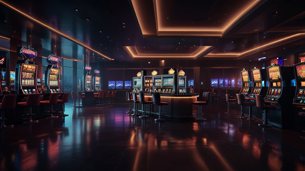 Smartphone showing a casino lobby and cashier layout in a dark casino setting