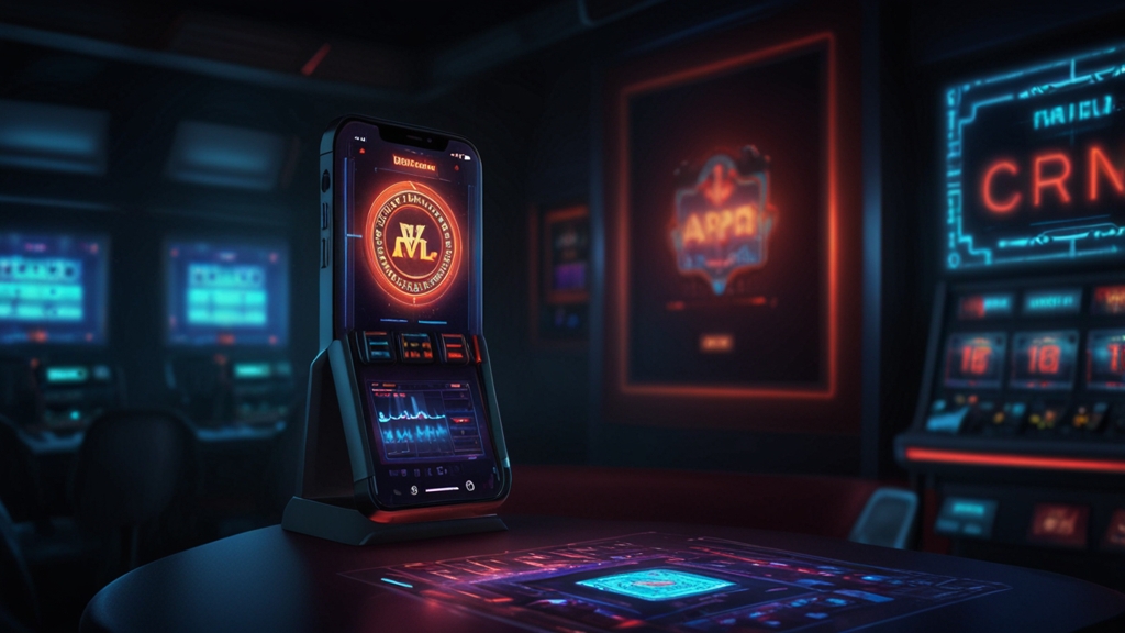 Smartphone displaying an app update warning in a dark casino-themed scene